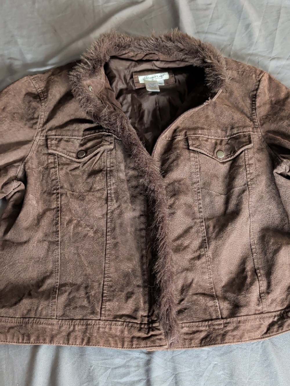 Vintage Coldwater Creek Brown Learher Jacket with Faux-Fur Trim